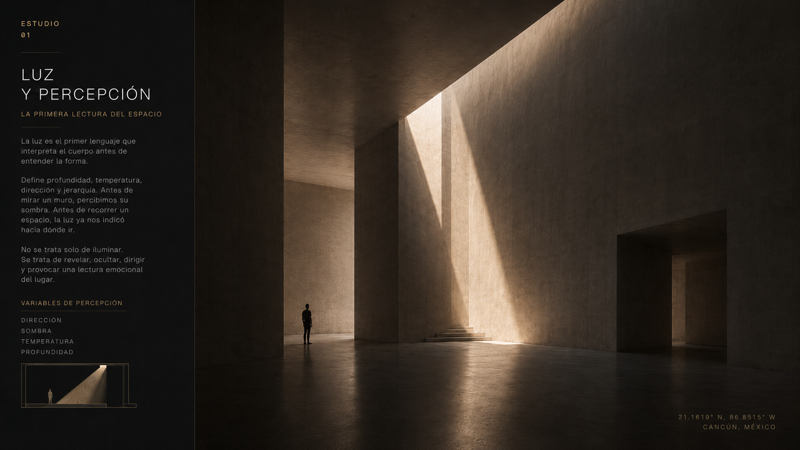Estudio de luz natural y percepción en un espacio arquitectónico monolítico.